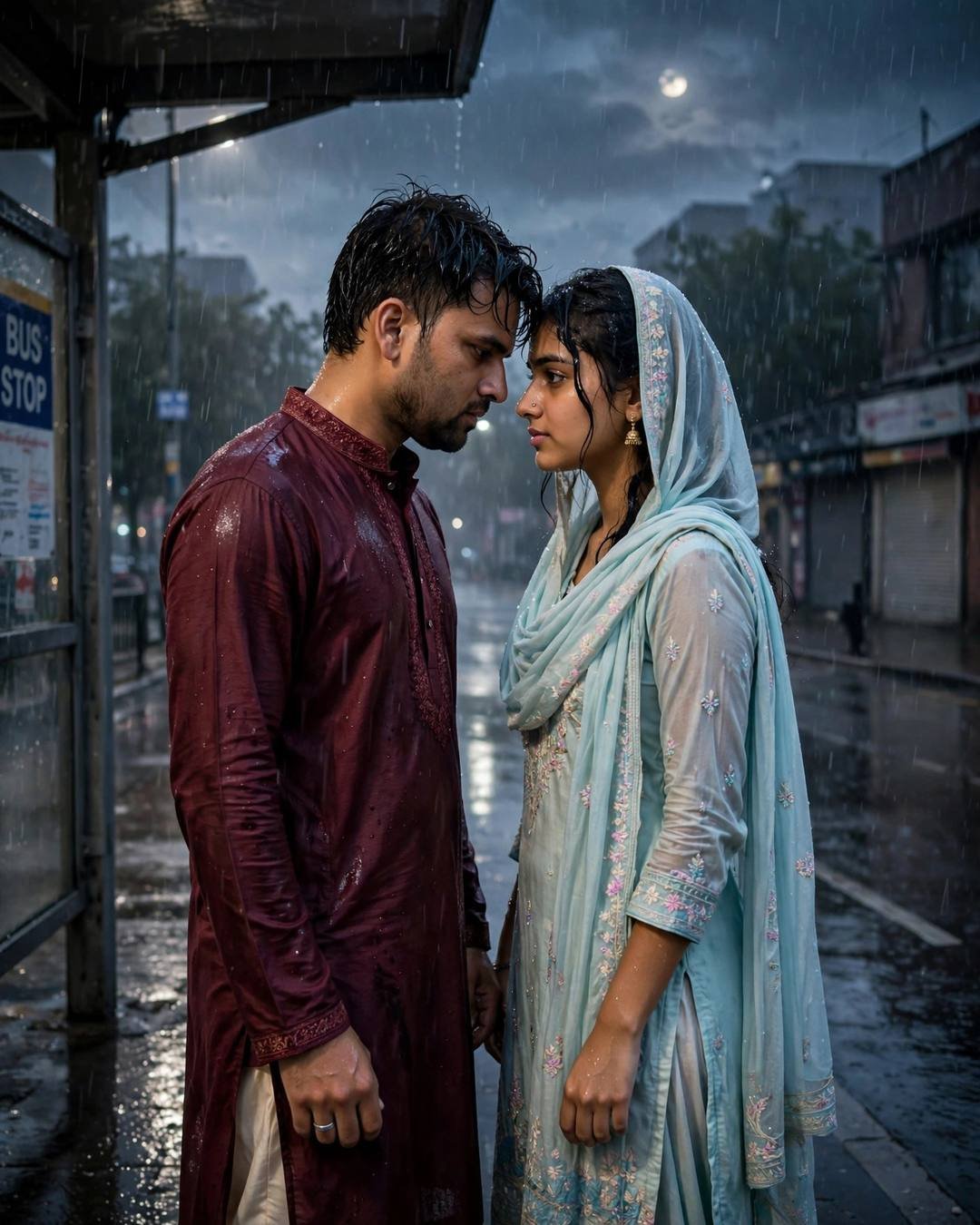 Couple with foreheads nearly touching at a rainy bus stop at night, moonlight behind