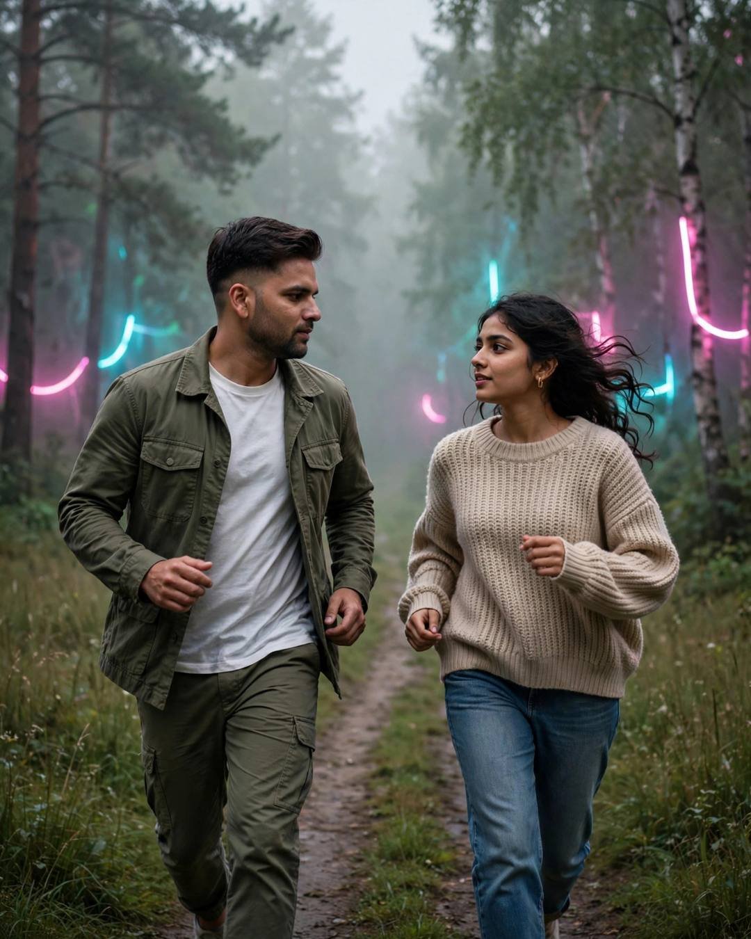 Couple running toward each other on a misty forest path with neon pink and cyan light in the fog
