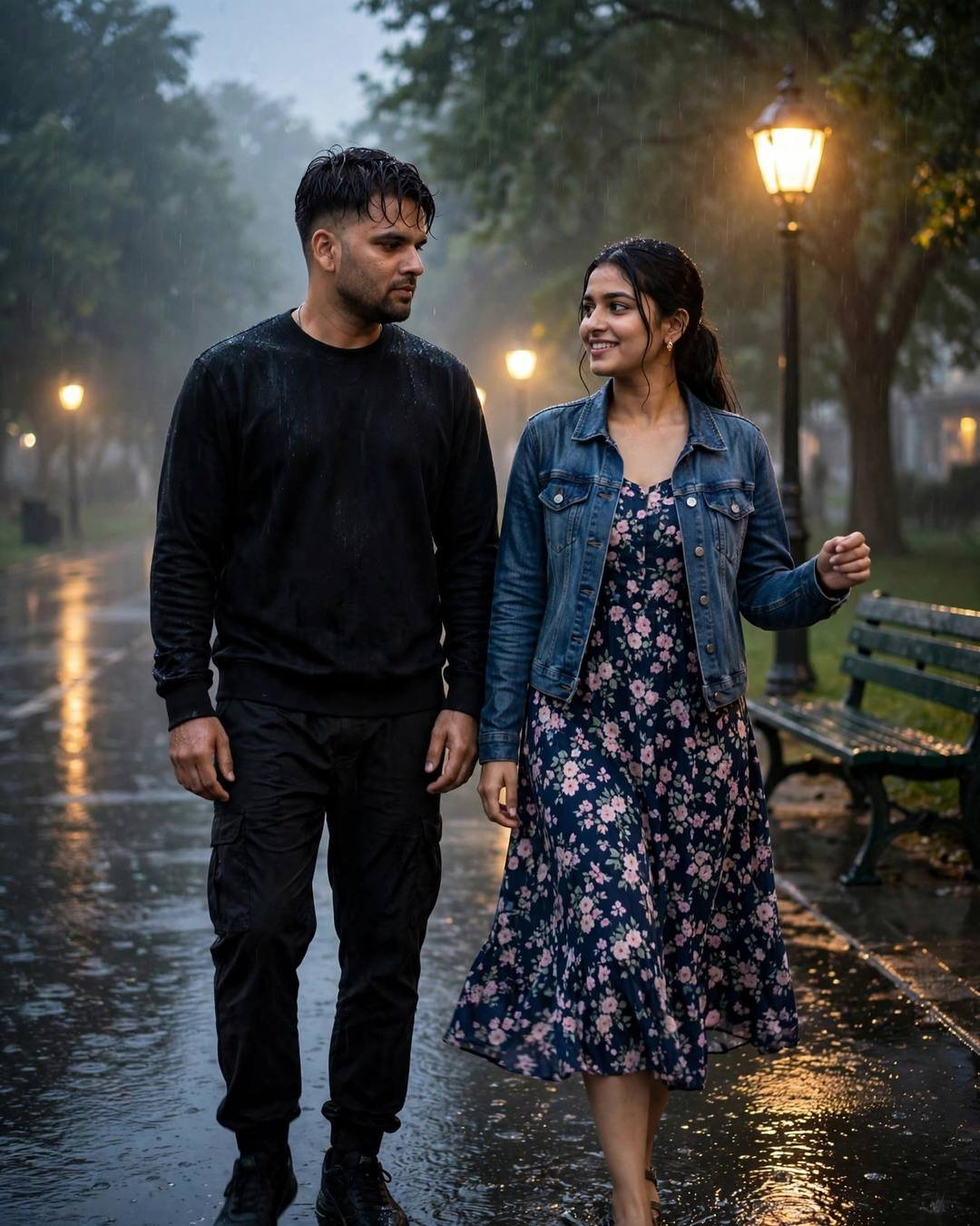 Couple dancing slowly under a streetlamp on a rain-wet street at night
