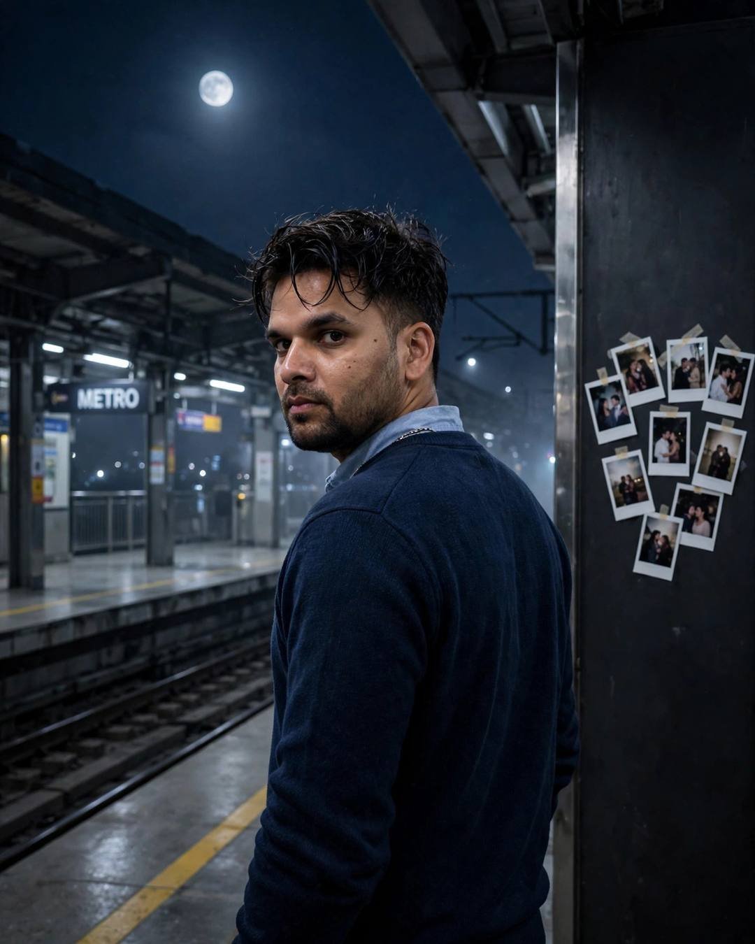 Young Indian man in navy sweater over collared shirt at a midnight metro station, looking over his shoulder, polaroid photos on the wall, moonlight