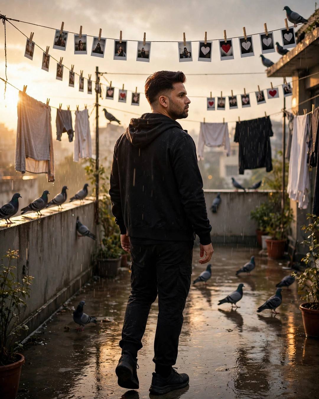 Young Indian man in all-black streetwear walking on a rain-wet terrace with clothes lines, pigeons and hanging polaroid photos at golden hour