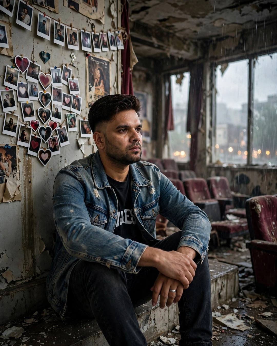 Young Indian man in distressed denim jacket sitting with knees drawn up in an abandoned cinema hall, rain falling, polaroid heart on the wall