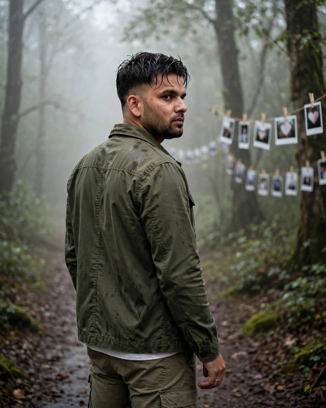 Young Indian man in olive field jacket on a misty forest path, looking over his shoulder, polaroid photos strung between trees, fog