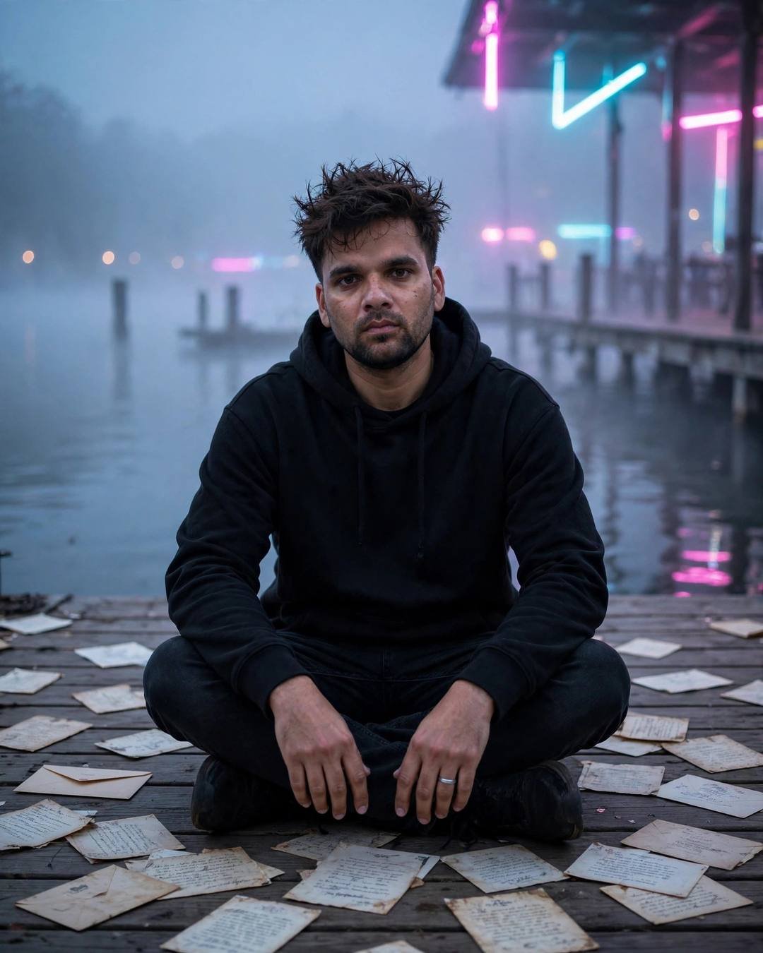 Young Indian man in black hoodie sitting cross-legged among old letters on a foggy lake pier at dawn with neon glow