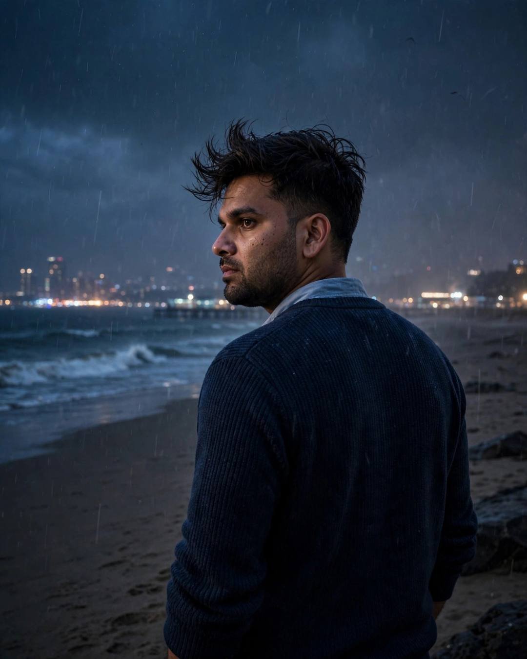 Young Indian man in navy sweater looking over his shoulder on a rainy beach at dusk with city lights