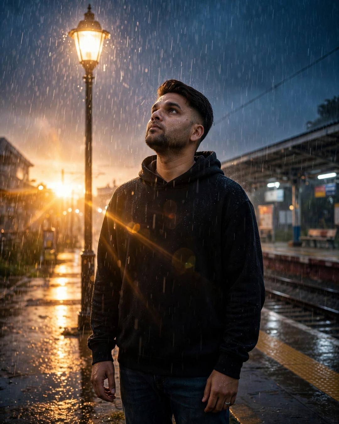 Young Indian man in a black hoodie standing under a streetlamp in heavy rain on an empty railway platform at night