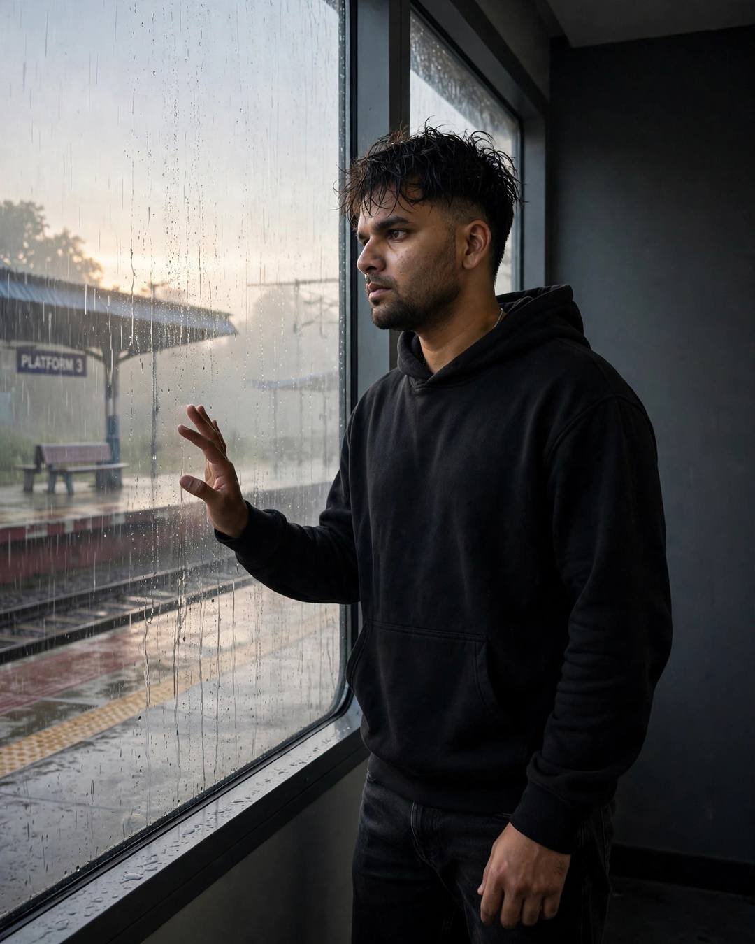 Young Indian man in black hoodie with hand on rain-streaked window at empty railway platform in foggy dawn light