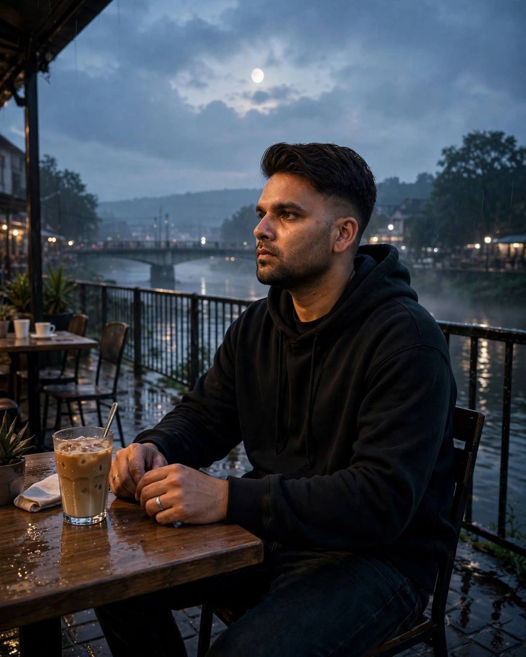 Young Indian man in black hoodie sitting at riverside café table at dusk with moon over a stone bridge