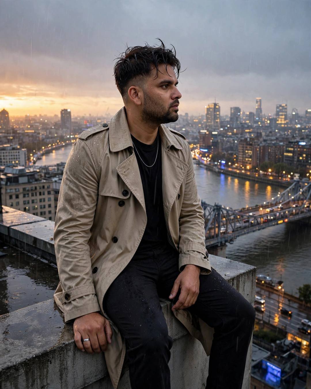 Young Indian man in beige trench coat sitting on a rooftop ledge overlooking a rain-lit city and bridge at dusk