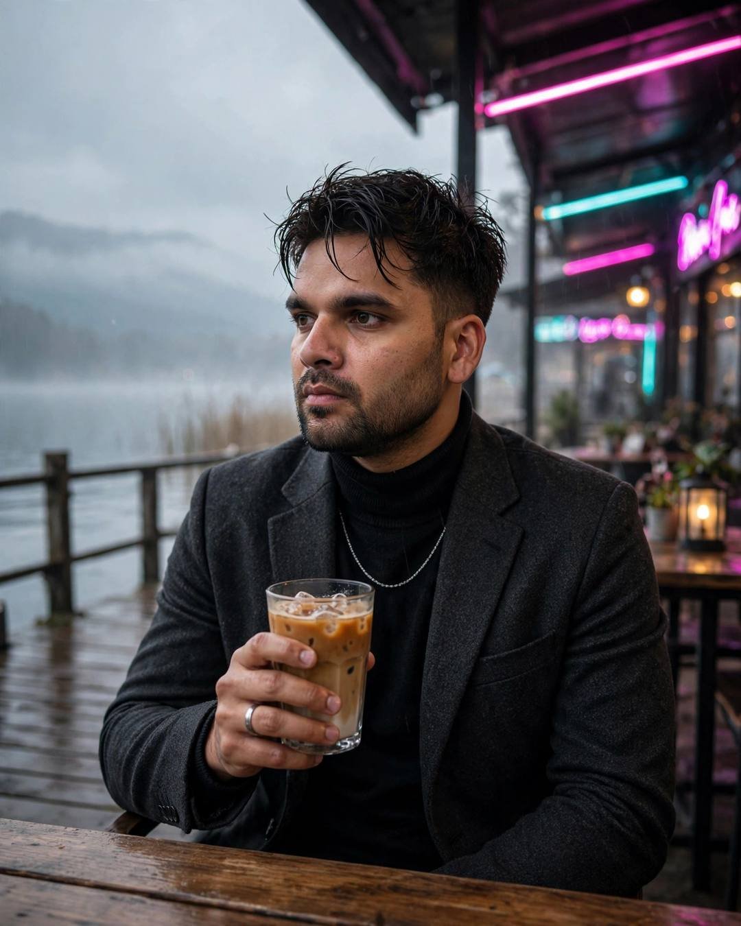 Young Indian man in charcoal blazer and black turtleneck holding iced coffee at a lakeside pier café in pale dawn light