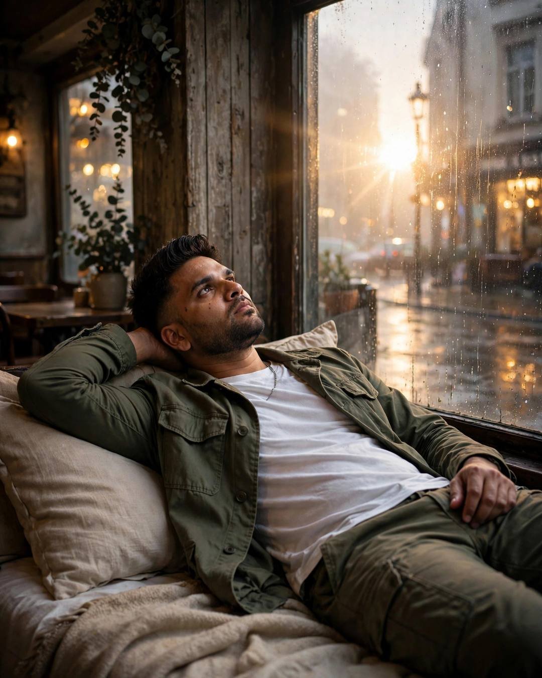 Young man in olive field jacket reclining by a rain-streaked cafe window at golden hour