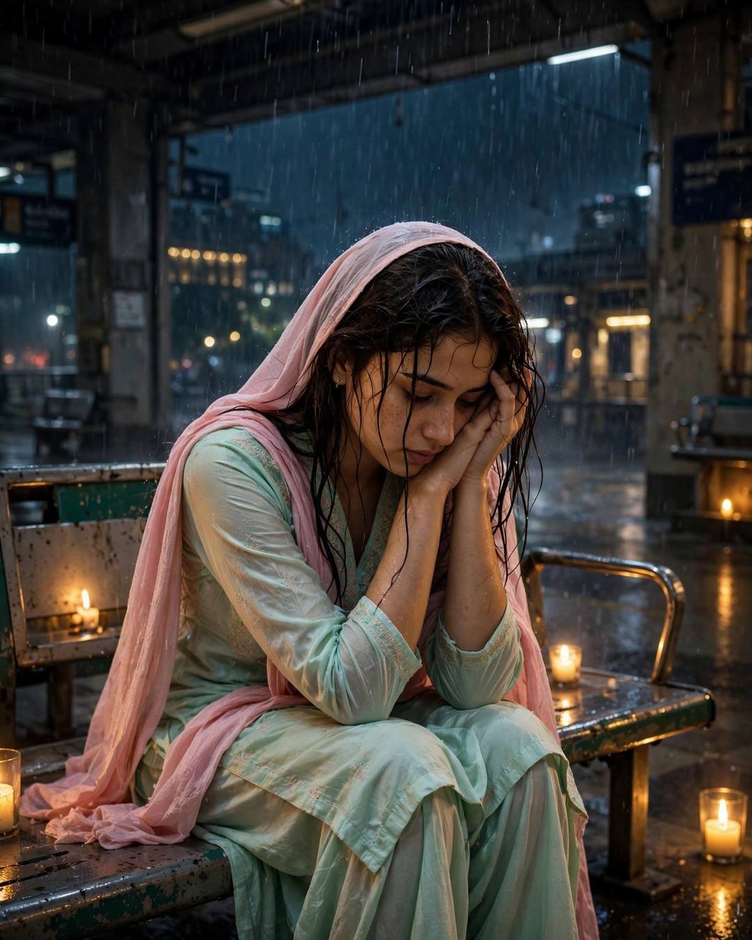 Young Indian woman in pastel salwar-kameez with pink dupatta sitting on a rainy station bench at night with candles