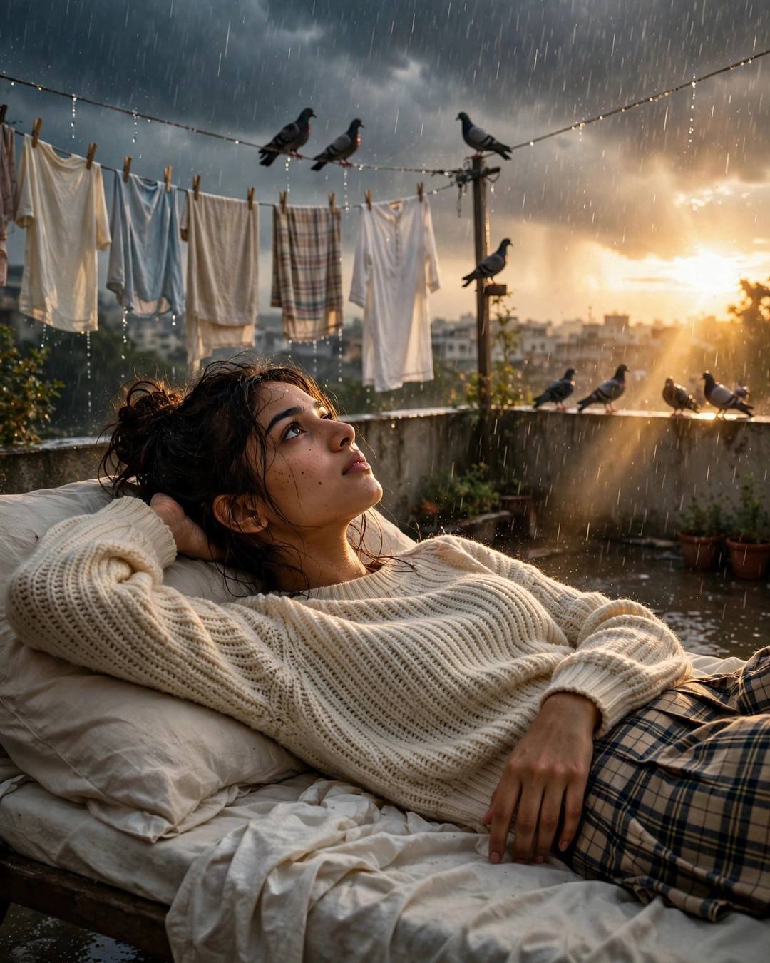 Young Indian woman in cream knit top and plaid skirt lying on a terrace bed in monsoon rain with clothes lines and pigeons