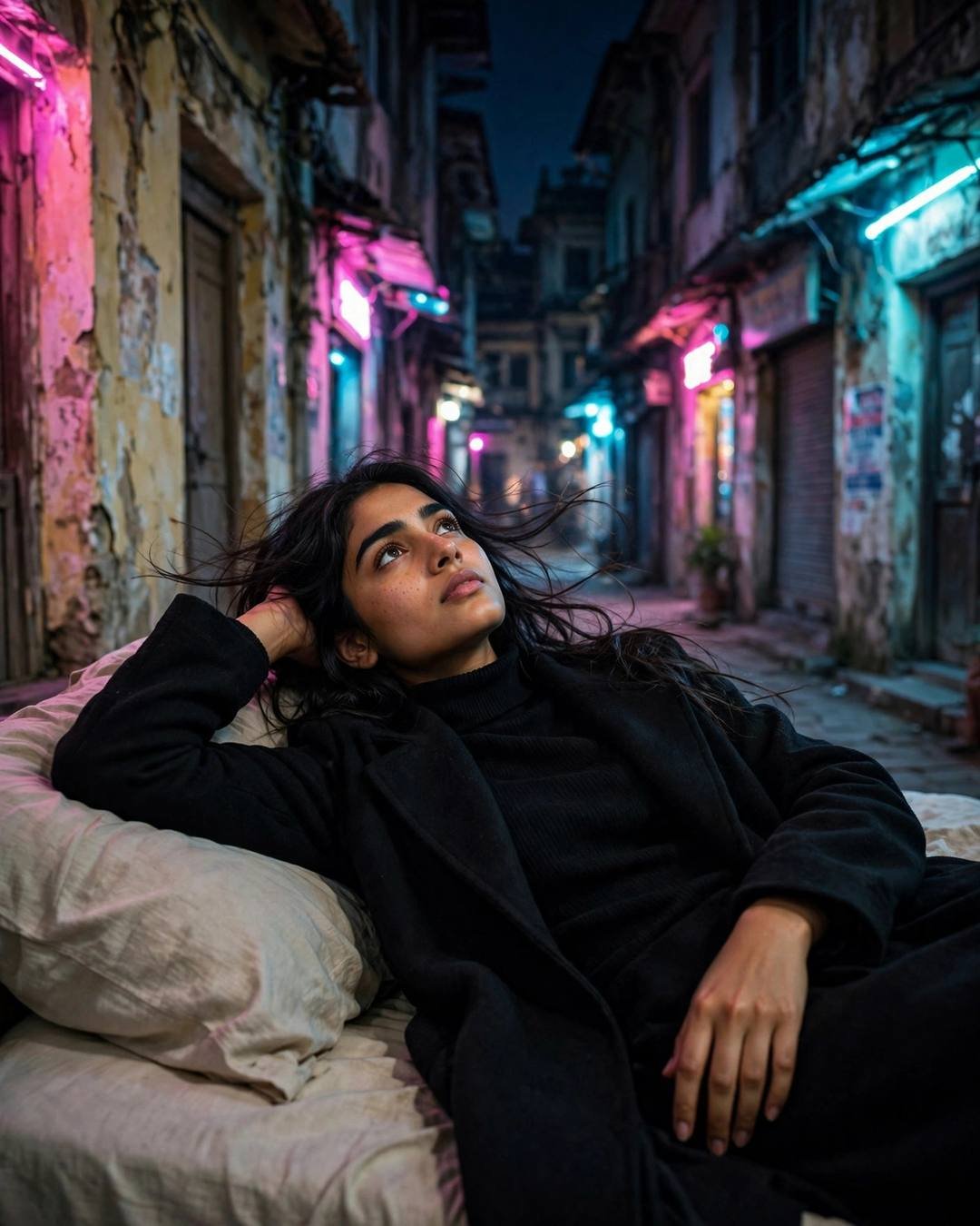 Young Indian woman in black turtleneck and long coat lying on a bed in a narrow neon-lit old-city lane at midnight