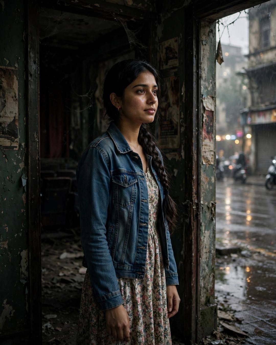 Young Indian woman in denim jacket over floral dress with long braid standing in a weathered doorway at an abandoned cinema hall