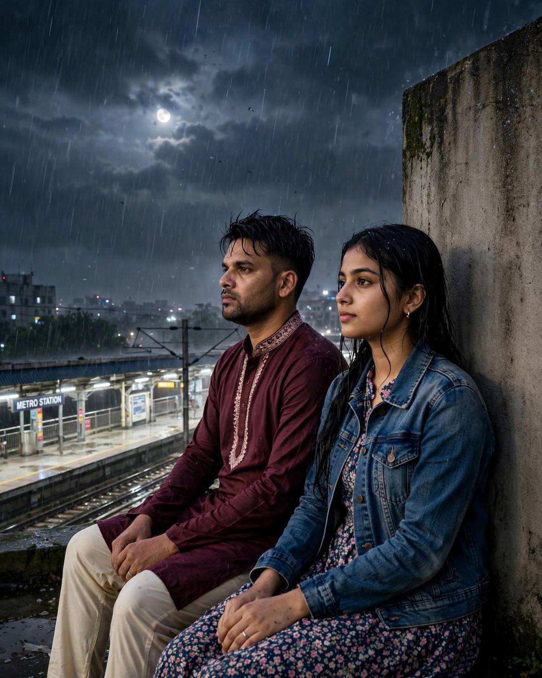 Young couple sitting side by side on a rooftop above a metro station in moonlit rain, man in maroon kurta, woman in denim jacket