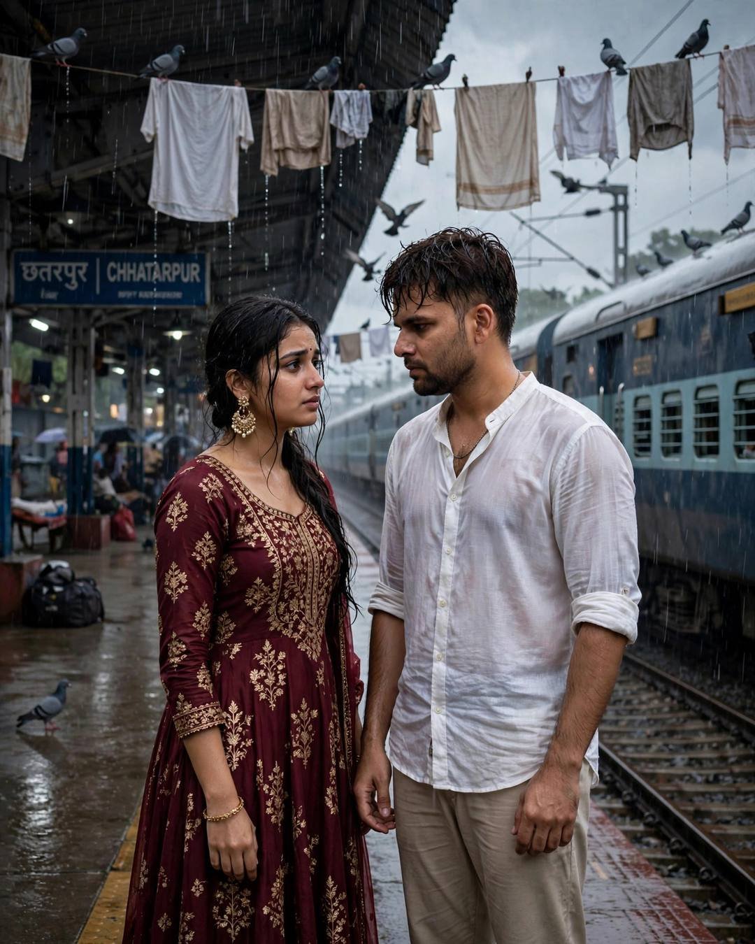 Young couple standing face to face on a rainy railway platform, man in white linen shirt, woman in maroon anarkali, train waiting behind