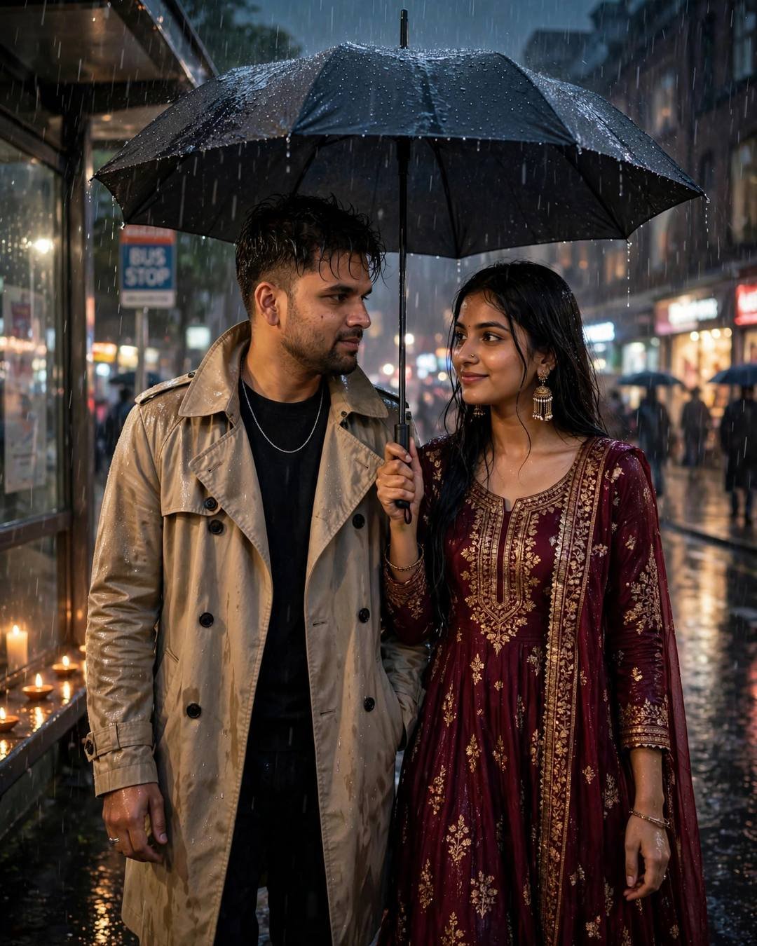 Young couple standing close under one umbrella at a diya-lit bus stop in the rain at night, man in beige trench coat, woman in maroon anarkali