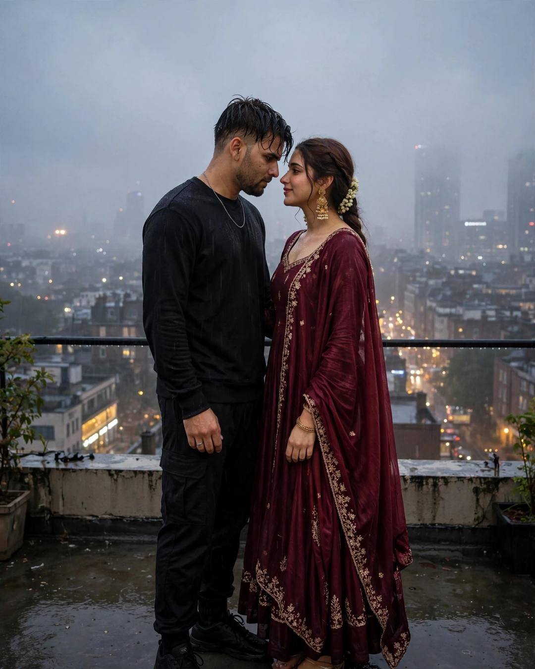 Young couple face to face with foreheads almost touching on a foggy rooftop above city lights, man in black streetwear, woman in maroon anarkali