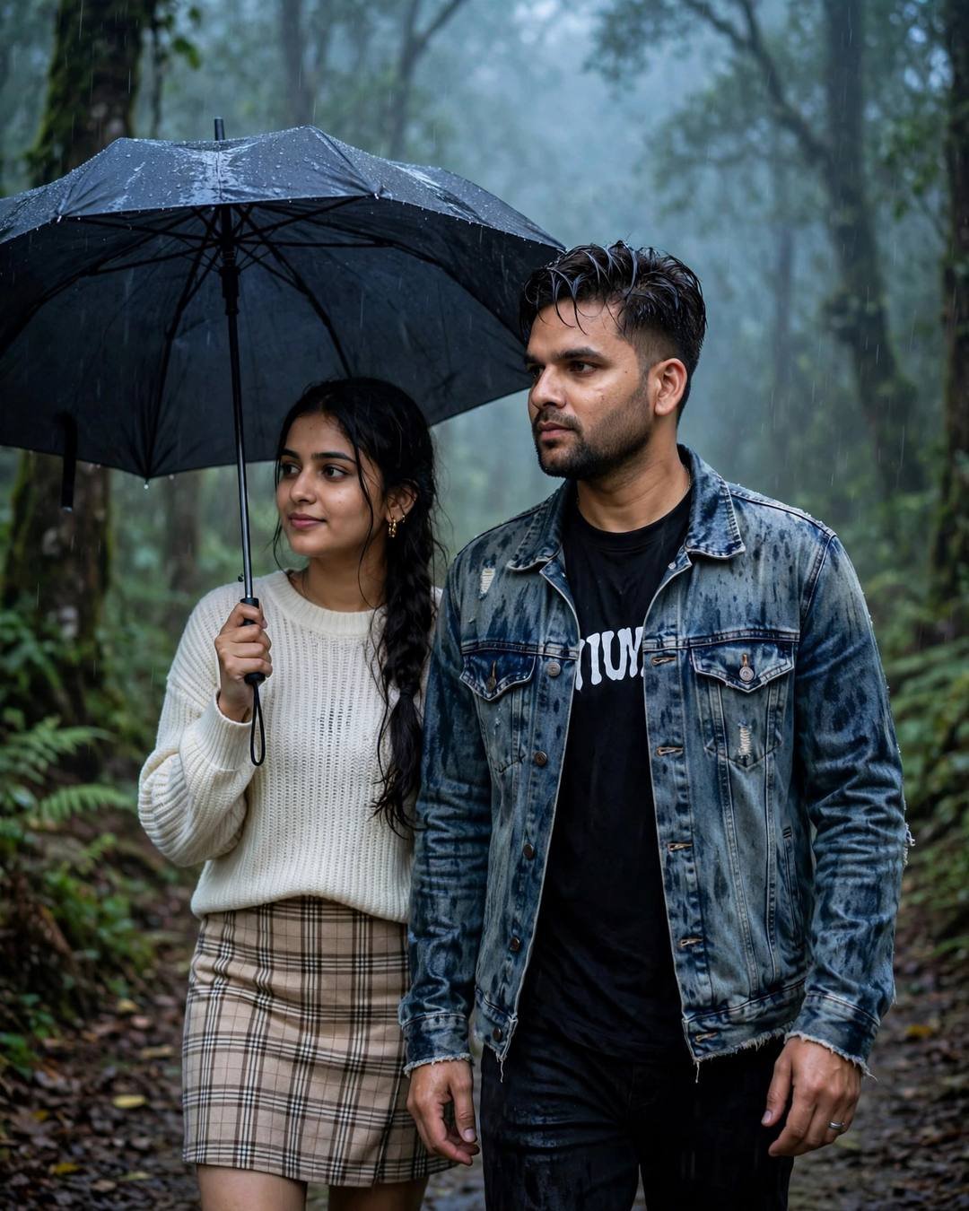 Couple walking under an umbrella on a misty forest path in drizzle