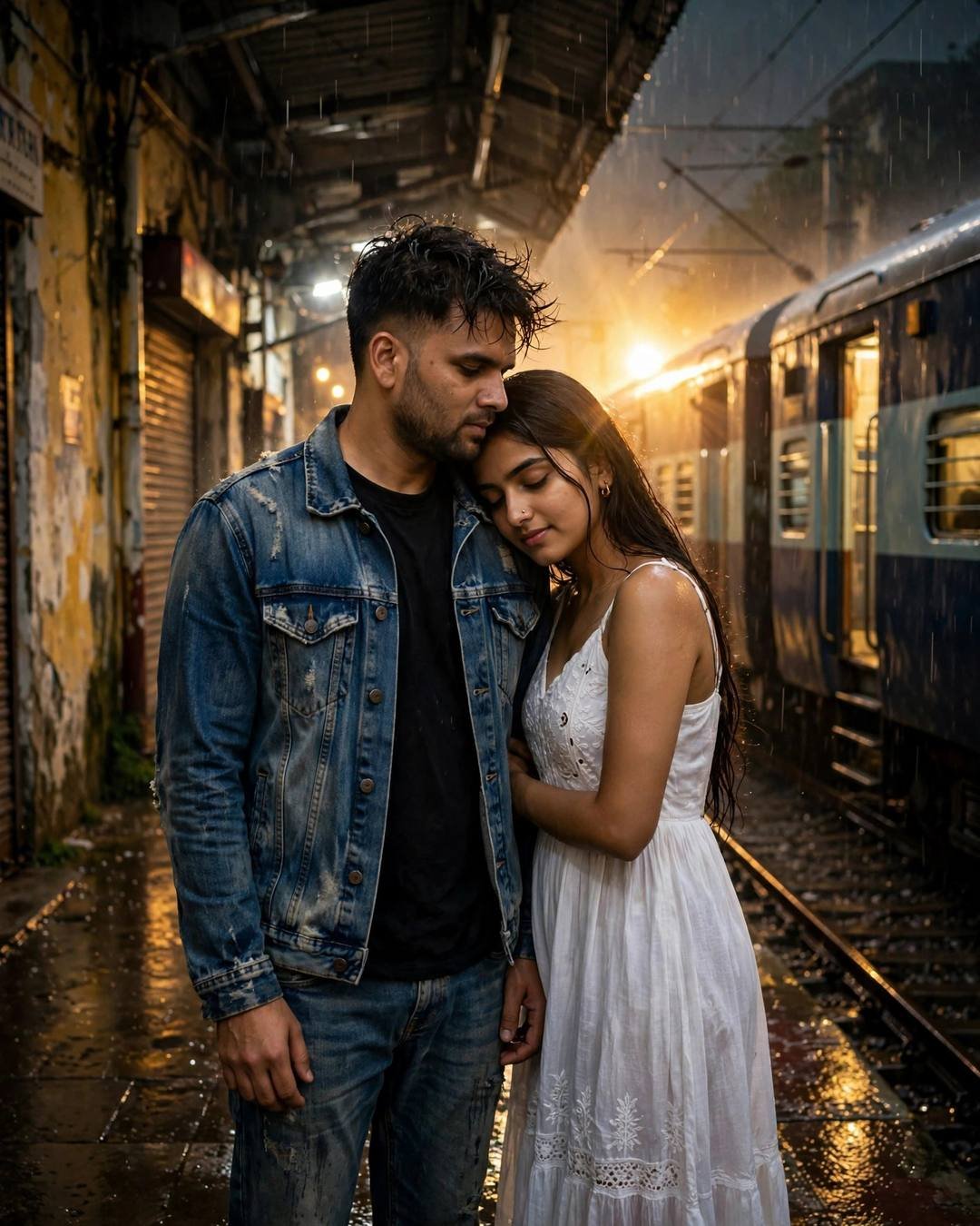 Couple embracing in an old-city lane beside a train at midnight