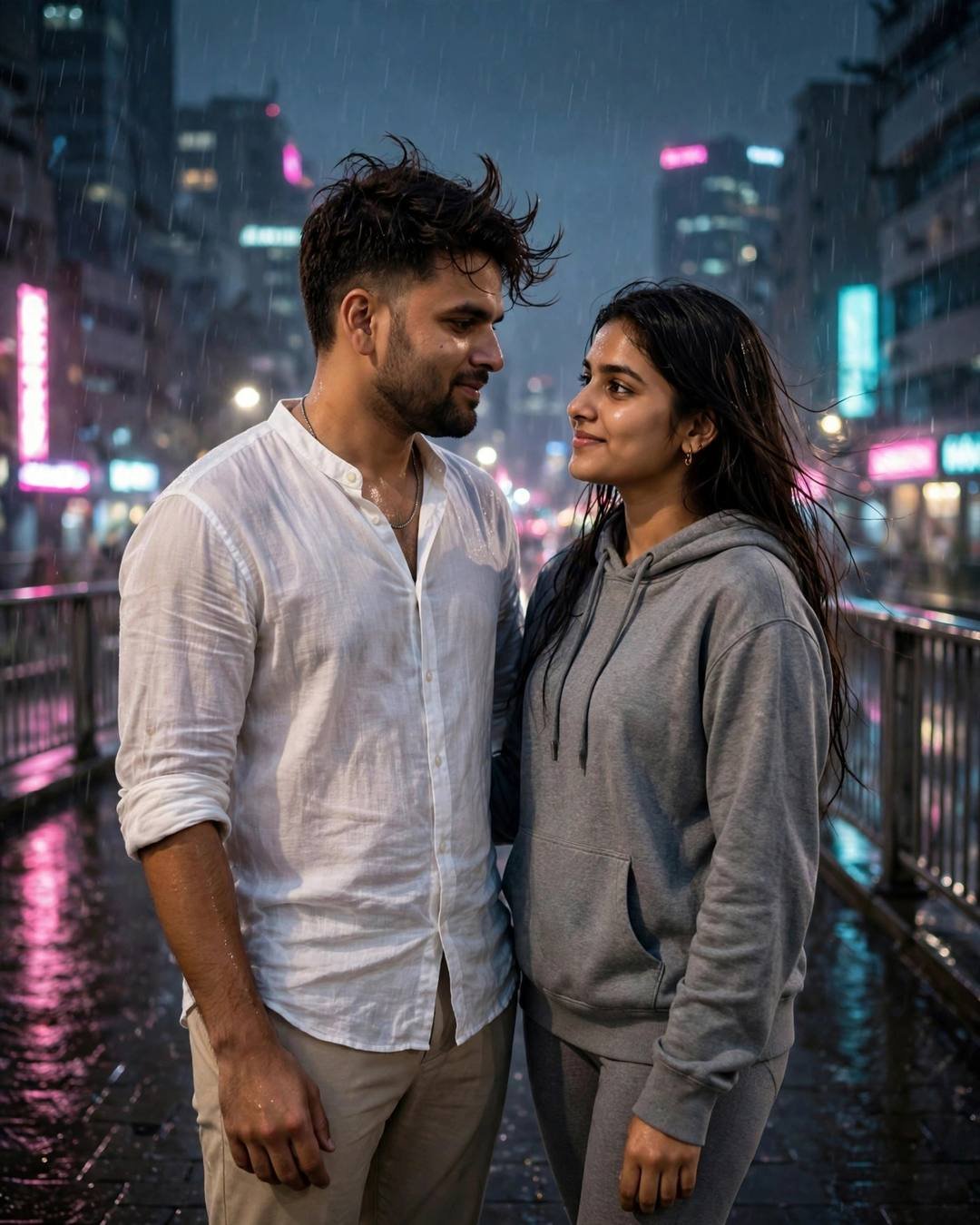 Couple on a bridge at midnight with neon city lights behind in the rain