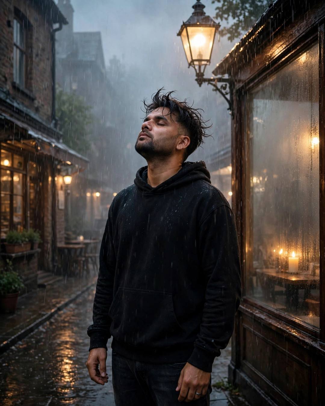 Young Indian man in black hoodie standing under a streetlamp in the rain with face lifted to the sky, old café with candles glowing behind