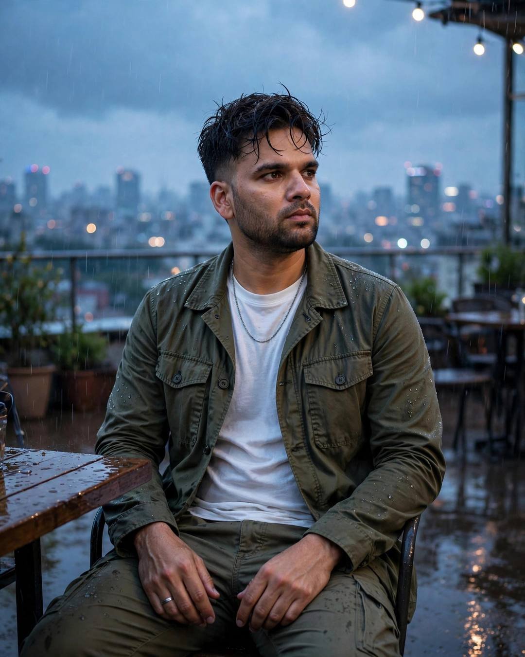 Young Indian man in olive field jacket sitting at a rooftop café table in drizzle, cradling a coffee, city lights below