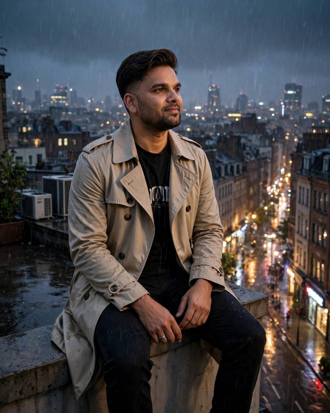 Young Indian man in beige trench coat sitting on a rooftop ledge at night, rain-soaked city street glowing below