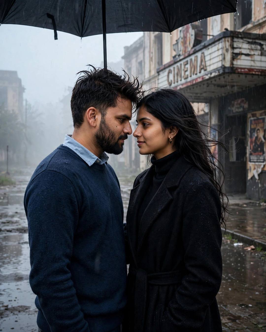 Couple under one umbrella with foreheads almost touching in rain outside an old cinema
