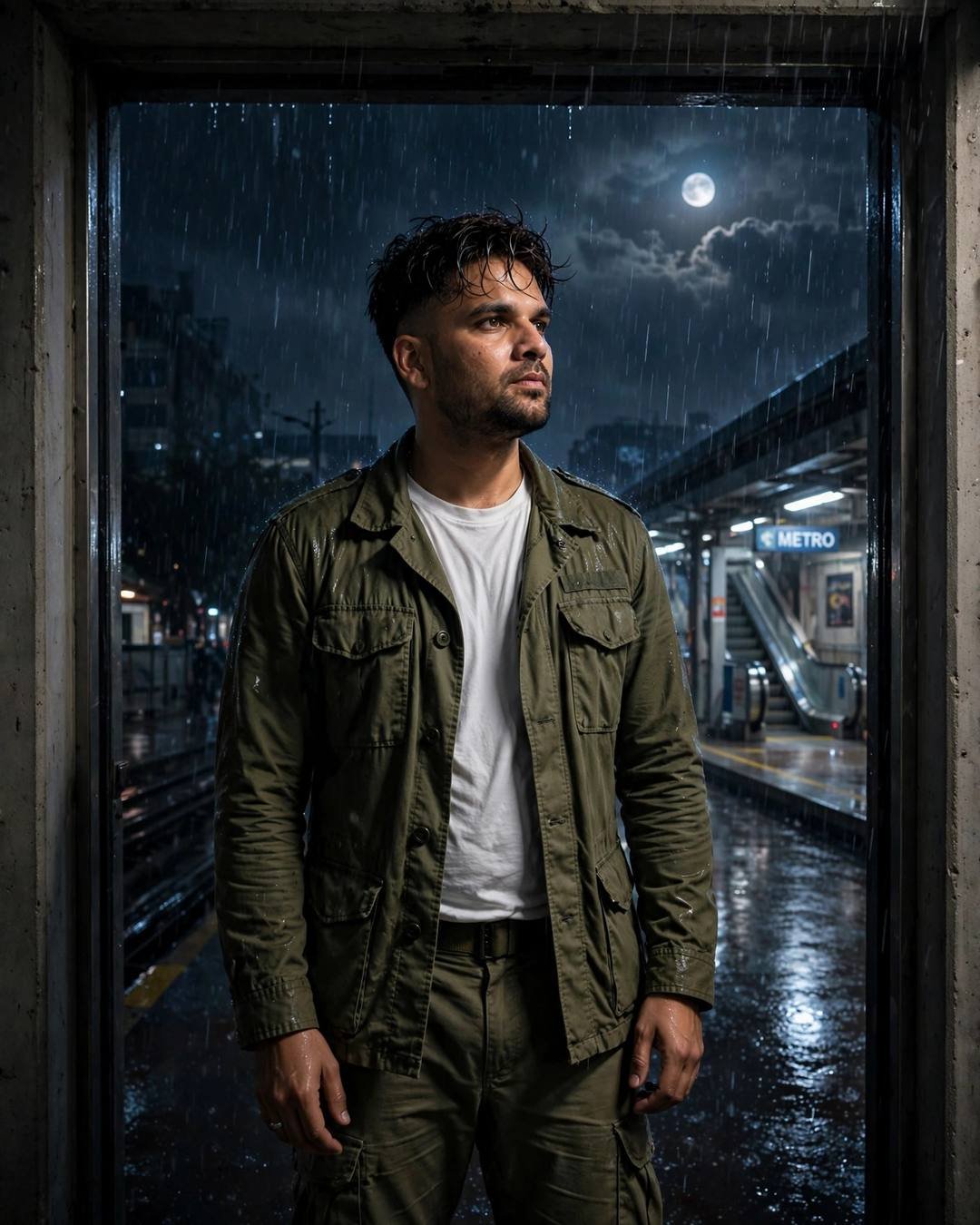 Young man in an olive field jacket in a doorway at a rainy midnight metro station under moonlight