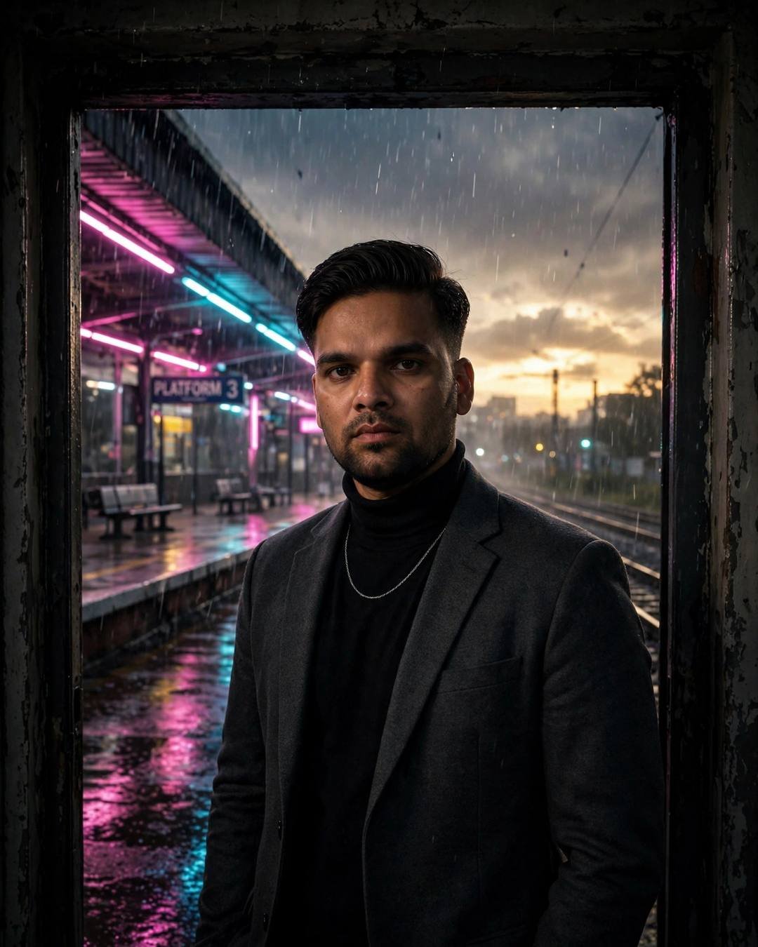 Young man in charcoal blazer in a doorway on a neon-lit rainy railway platform at night