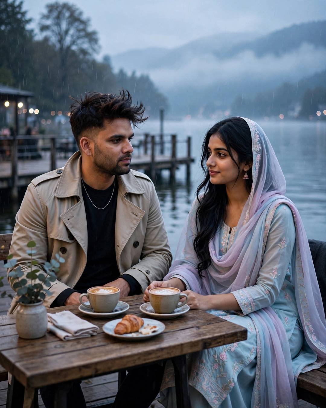 Couple sharing coffee across a small table on a rain-drizzled lake pier at blue hour
