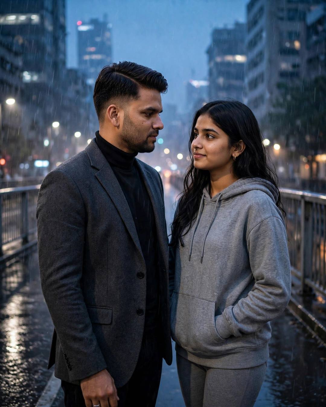 AI-generated cinematic portrait — sharing hot chai from a single kulhad, 4:5 photography