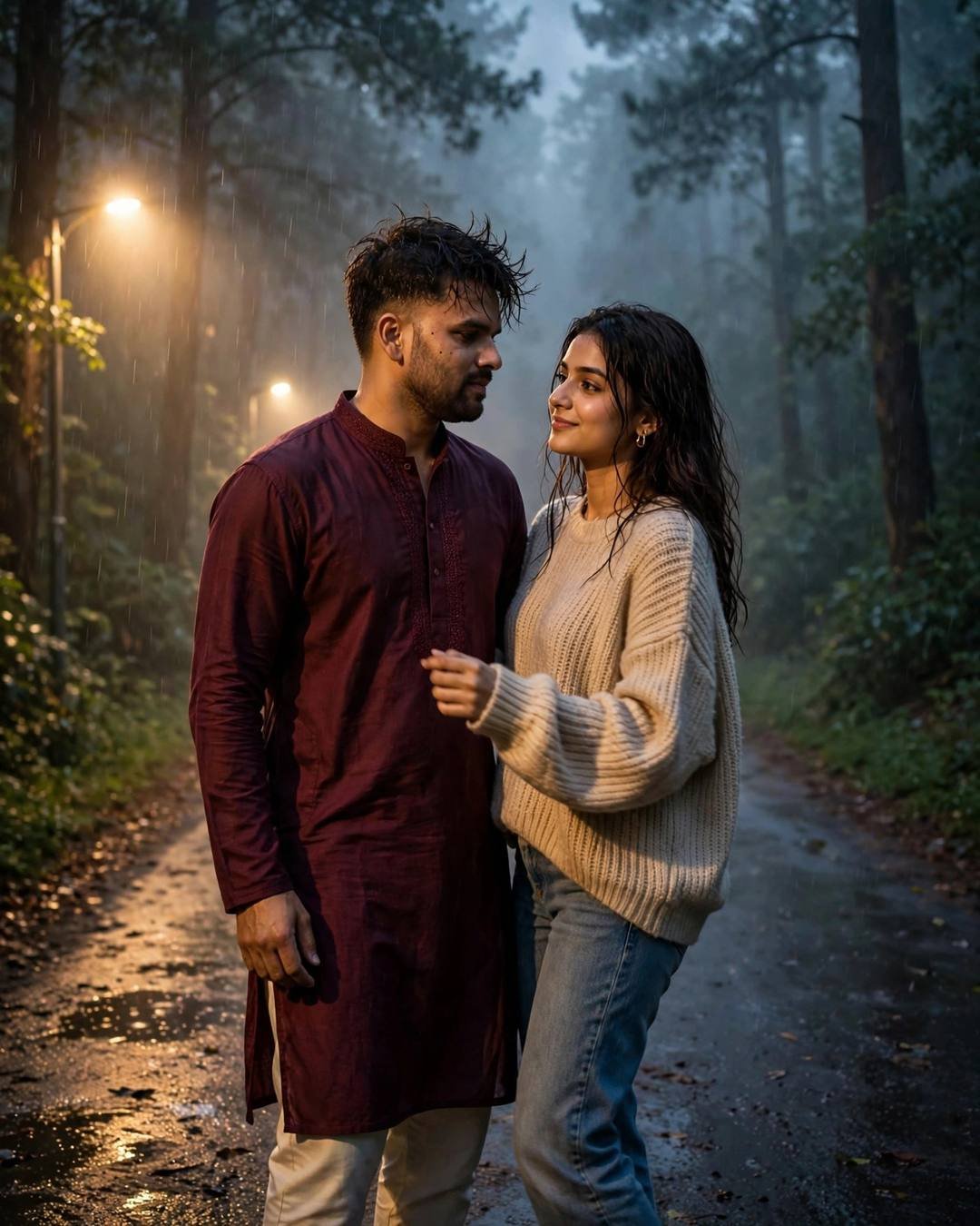 Couple dancing on a misty forest path in the rain, man in maroon kurta