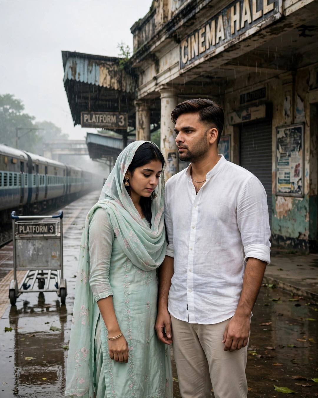Couple embracing on a rainy railway platform before an old cinema hall
