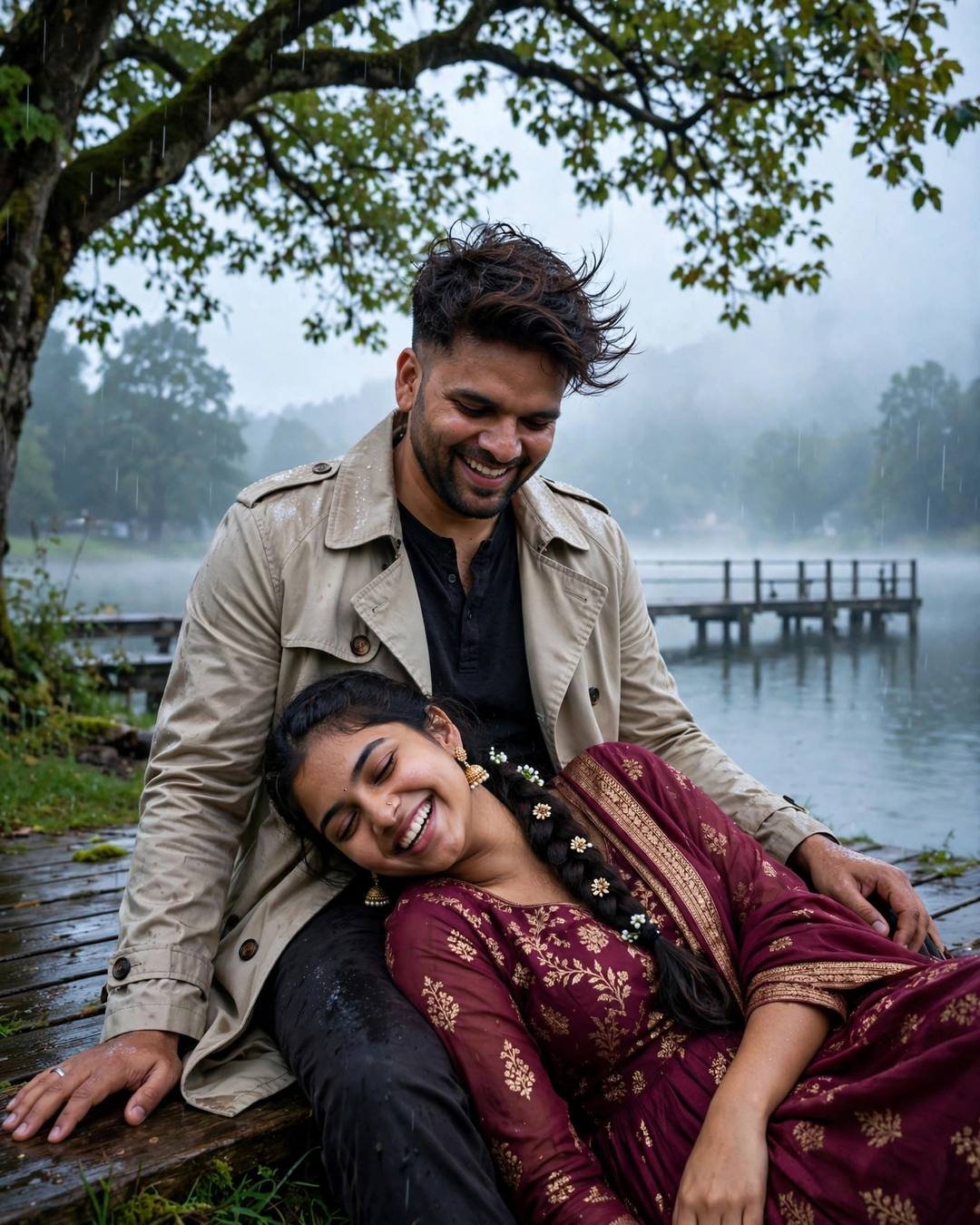 Couple laughing under a tree by a lake pier in light rain at dawn