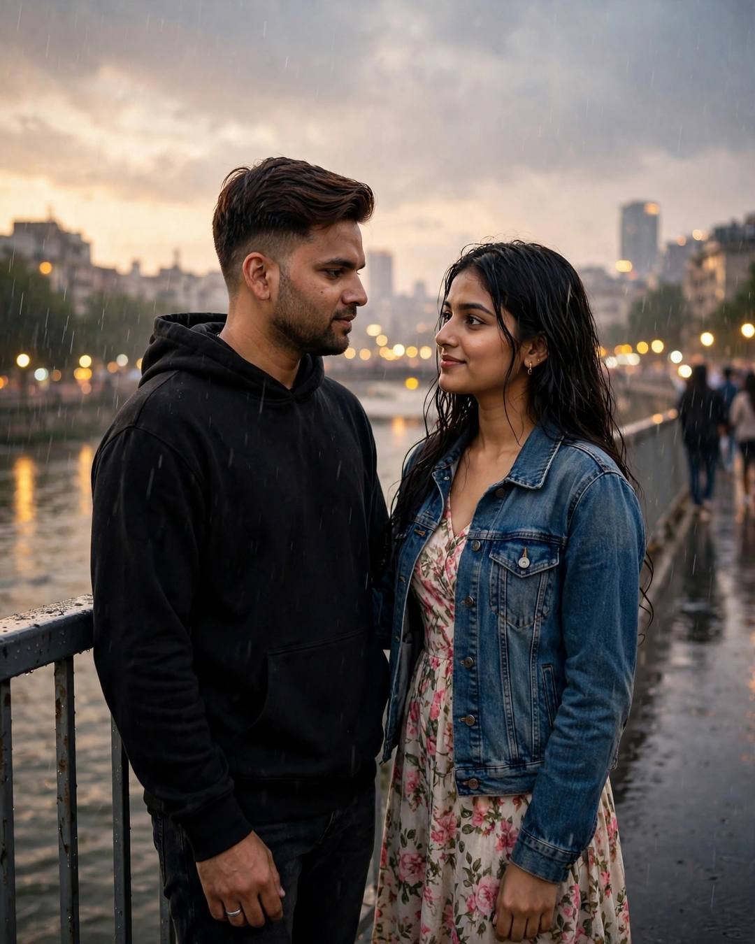 Couple on a bridge over a river with a blurred rainy city behind at golden hour