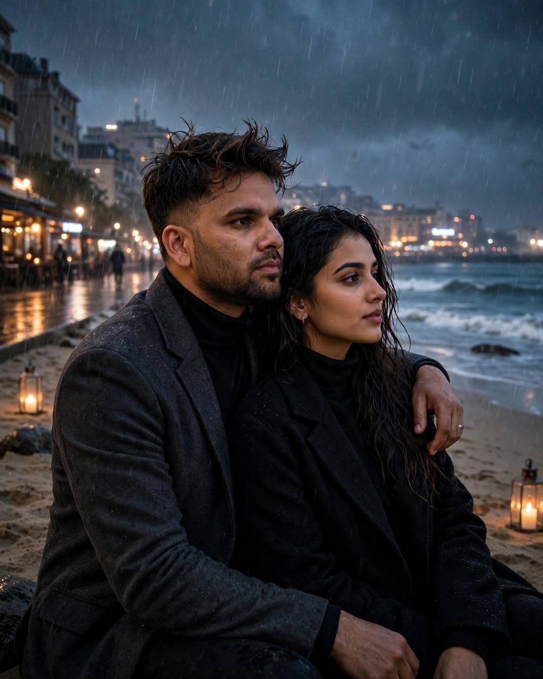Couple sitting on sand among candles watching waves on a rainy evening