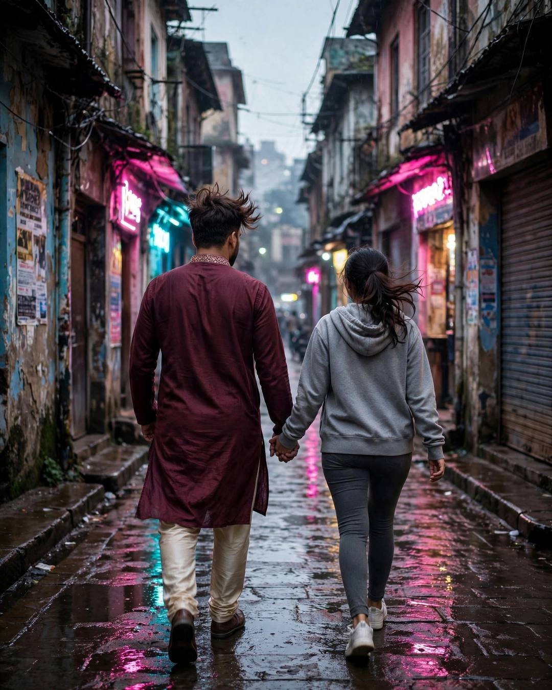 Couple walking hand in hand away from the camera down a neon-lit old-city lane at night, man in maroon kurta, woman in grey hoodie