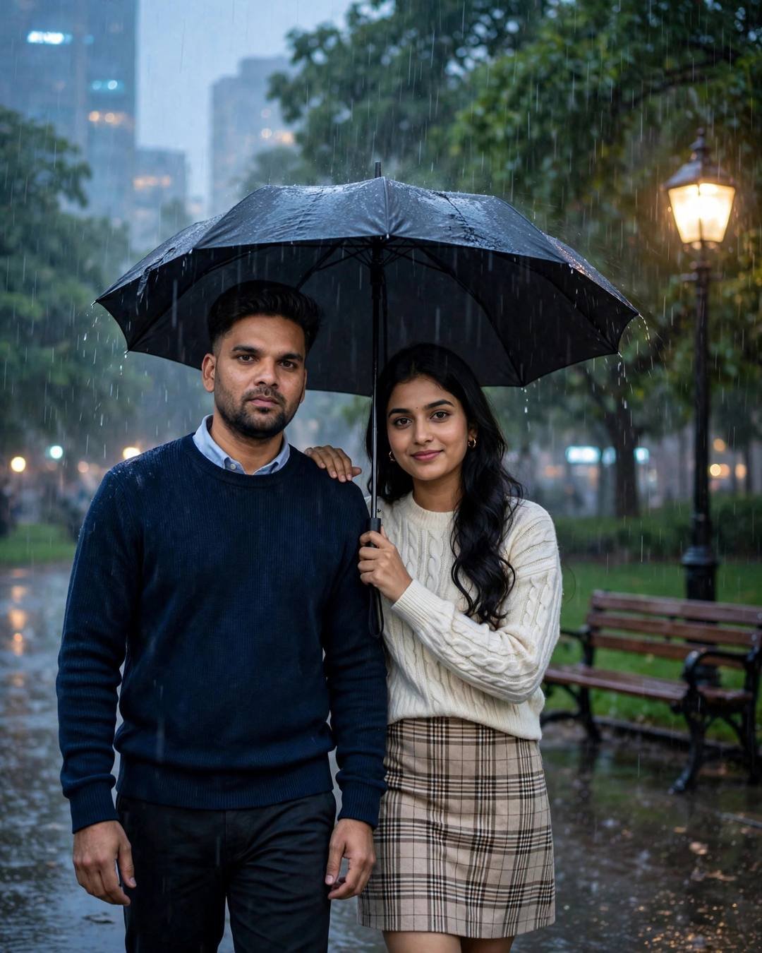 Young couple standing close under one umbrella in heavy park rain, man in navy sweater, woman in cream knit top, lamp glowing behind