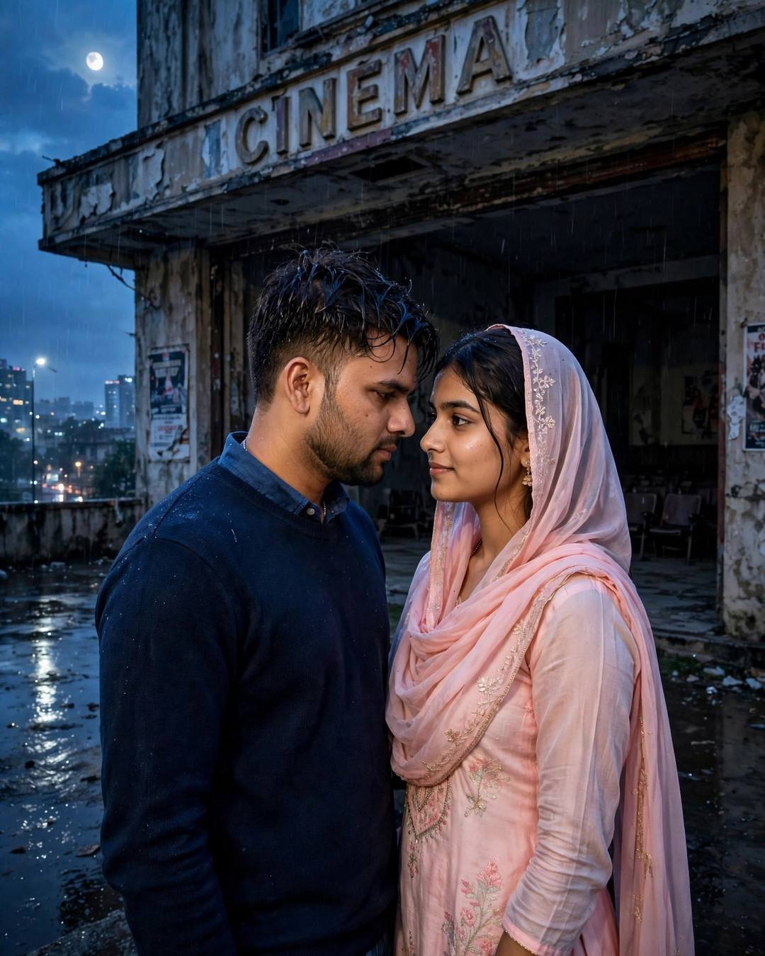 Young couple face to face with foreheads almost touching outside an abandoned cinema hall at night under a thin moon