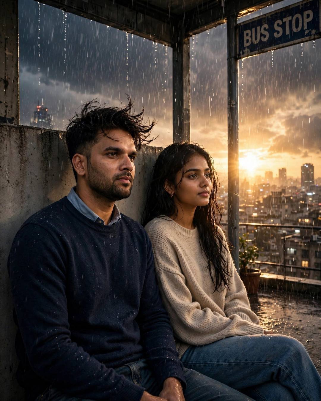Young couple sitting at a rainy bus stop at sunset, man in navy sweater, woman in beige sweater, golden light flaring through the rain