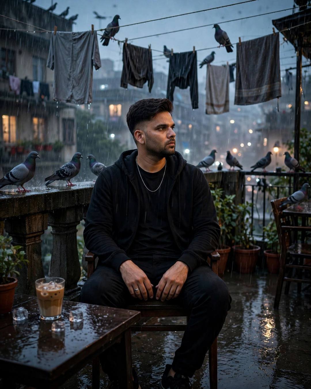 AI portrait of a young Indian man in black streetwear sitting at a monsoon terrace cafe with pigeons and rain