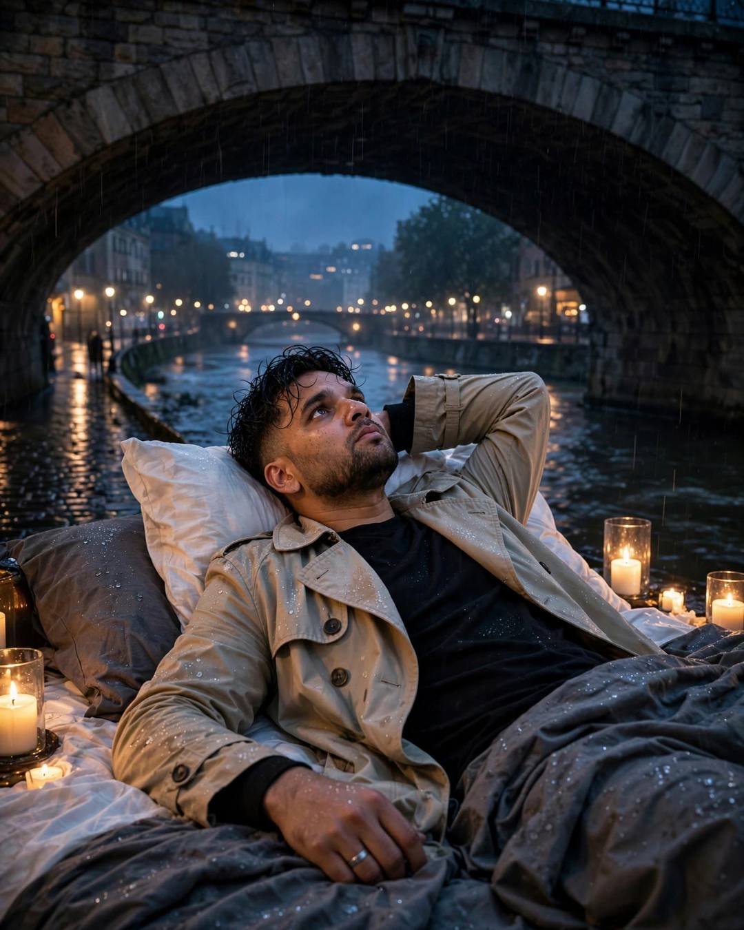 AI portrait of a young Indian man in a beige trench coat reclined under a stone bridge arch at blue hour with candles