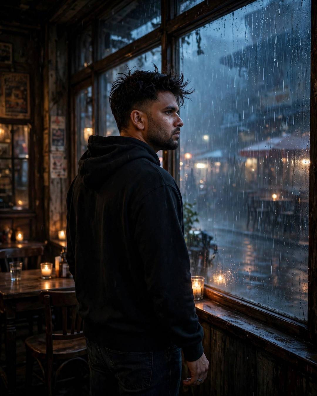 AI portrait of a young Indian man in a black hoodie standing by a rain-streaked cafe window at blue hour