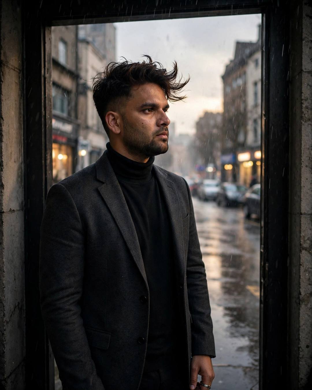 Young man in charcoal blazer and black turtleneck standing in a shadowed doorway, rainy street behind