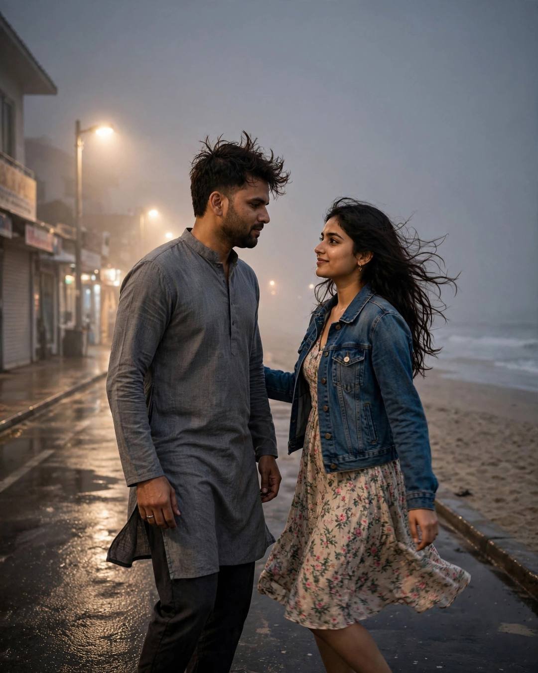 AI-generated cinematic portrait — arguing softly in the rain, neither walking, 4:5 photography