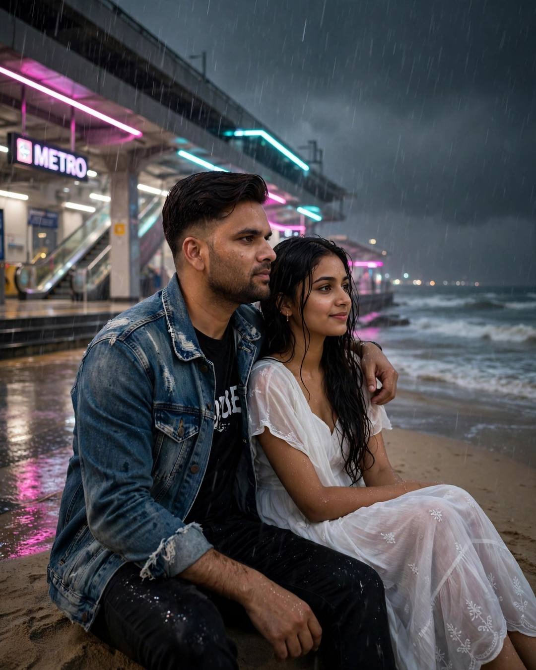 AI-generated cinematic portrait — sitting on opposite ends of a rusted, 4:5 photography