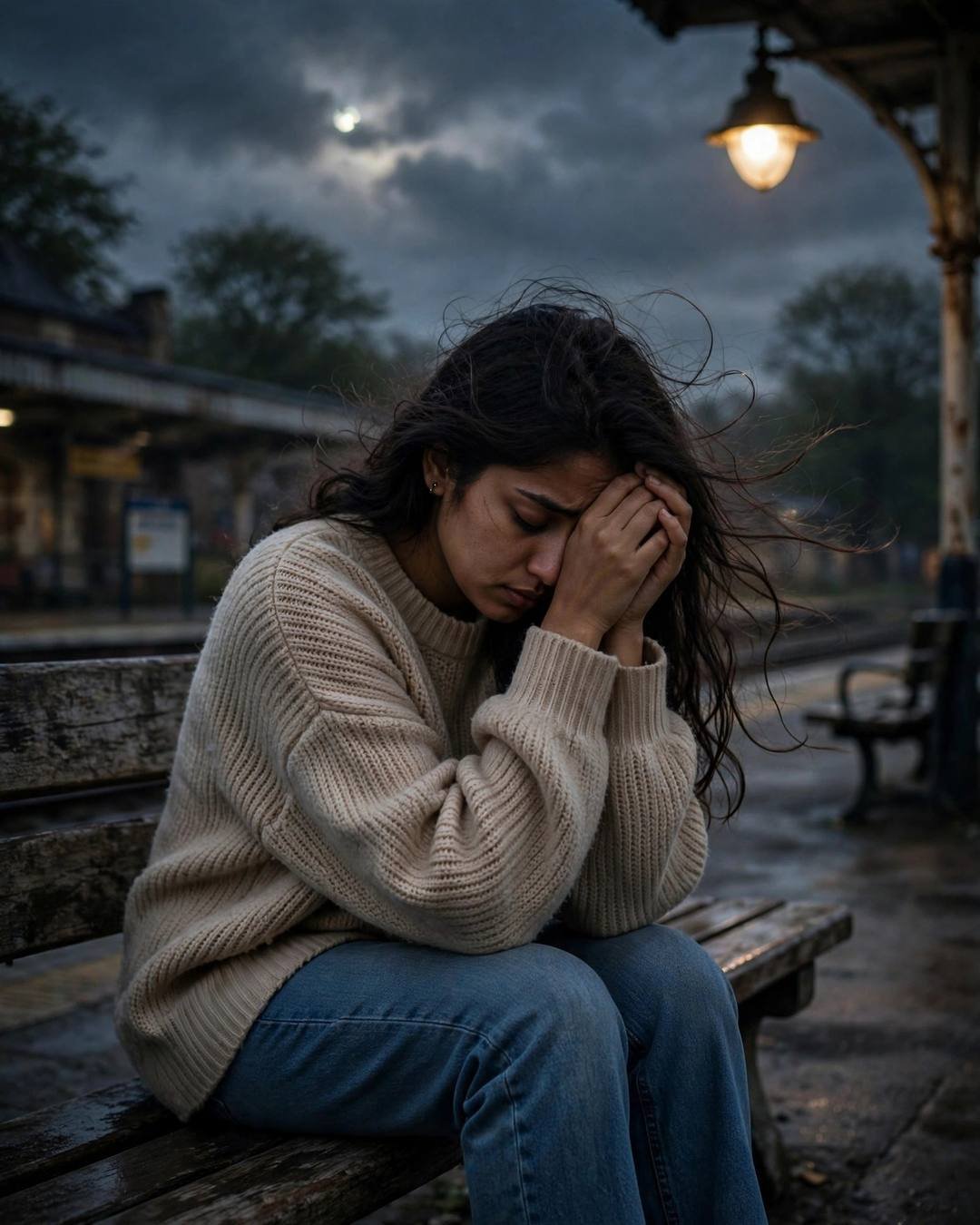 AI-generated cinematic portrait — crying quietly into a pillow at 2am, 4:5 photography